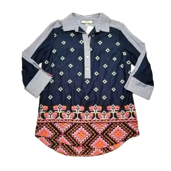 {Hilary Radley} NWT: For Katherine Barclay Striped Embroidered Blouse - Picture 2 of 12